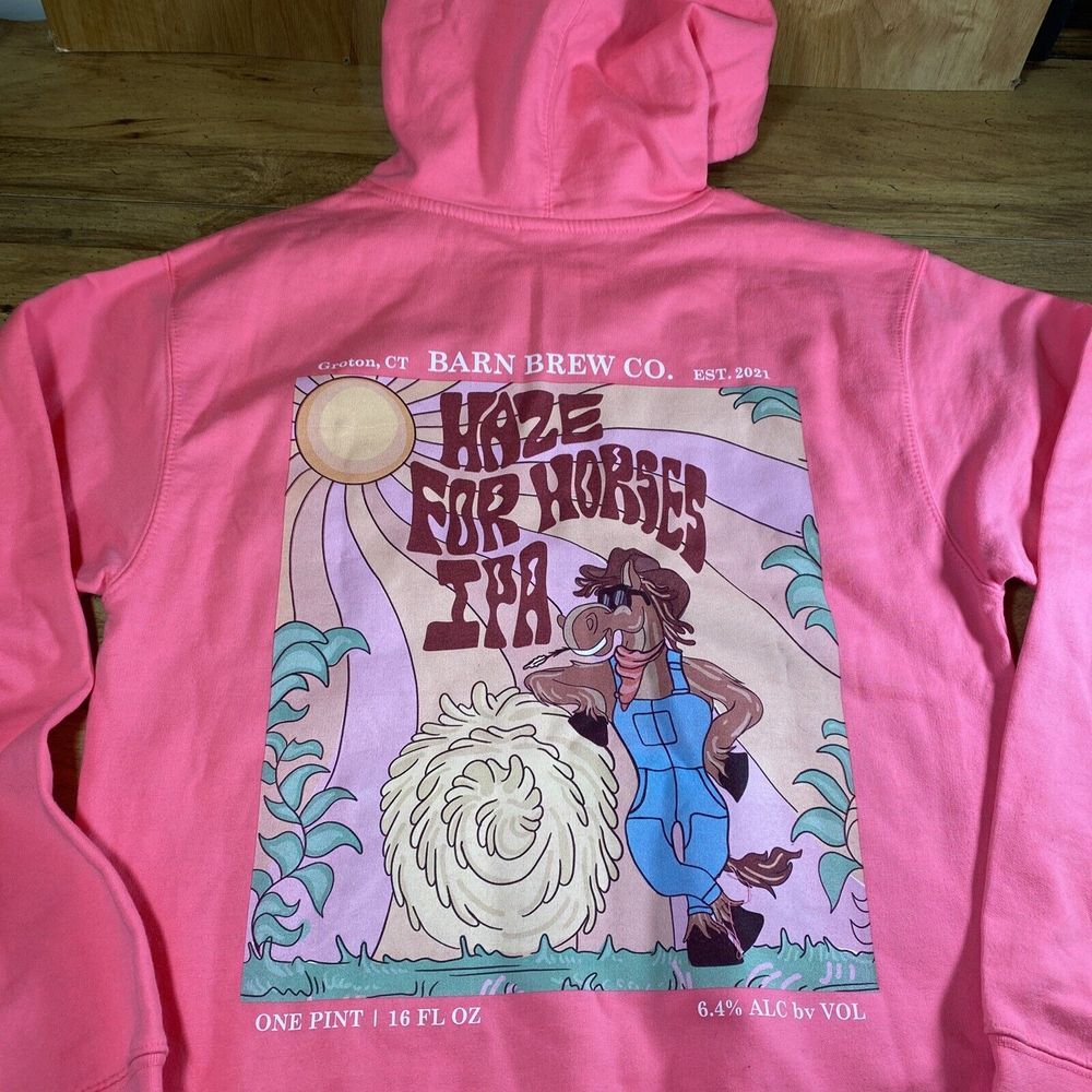Groton CT Barn Brew Co. Pink Hoodie Sweatshirt Men's M Haze for‎ Horse IPA Beer